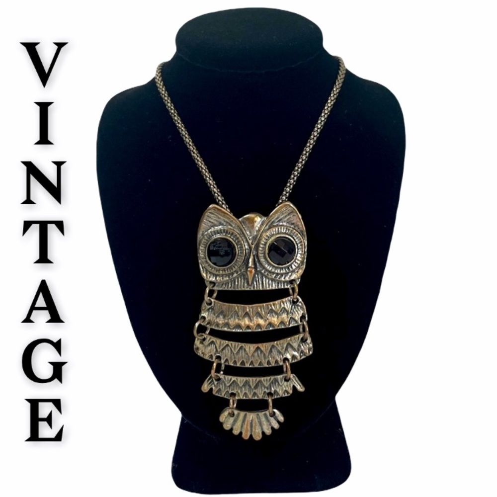 Vintage Owl Necklace Long Boho Hippie Festival 1960s 1970s Antique Silver Black